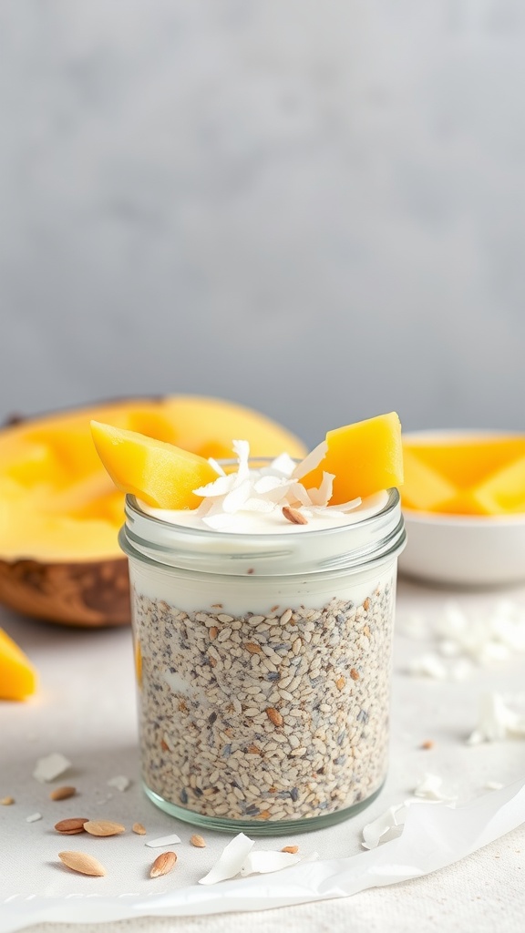 Coconut chia seed pudding with fresh mango and coconut flakes