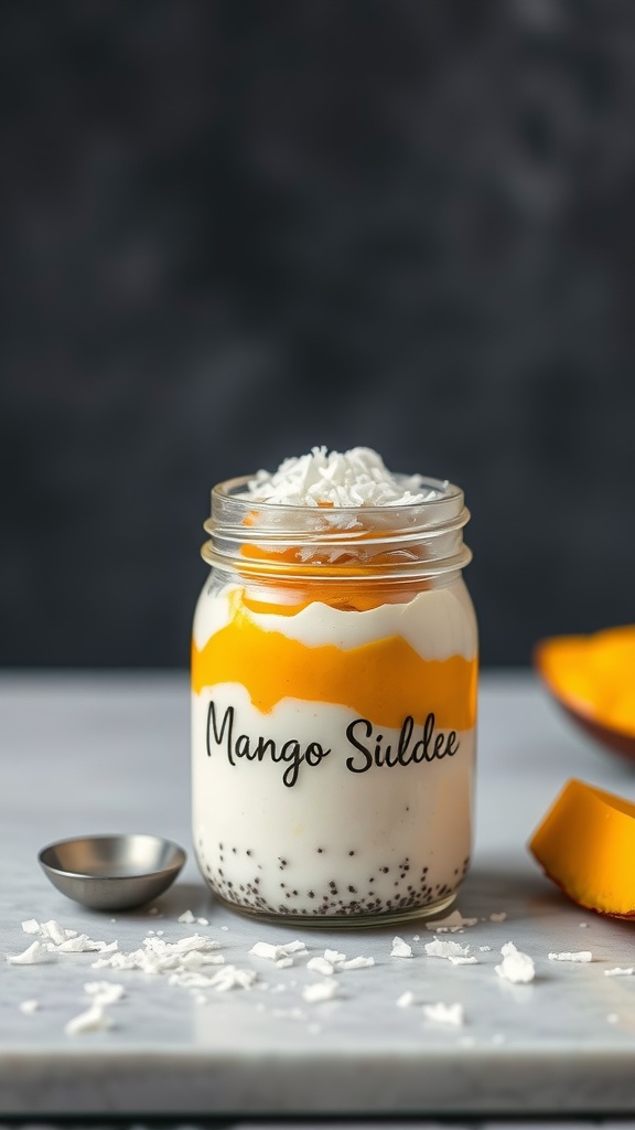 Coconut Chia Seed Pudding in a jar with fresh mango topping