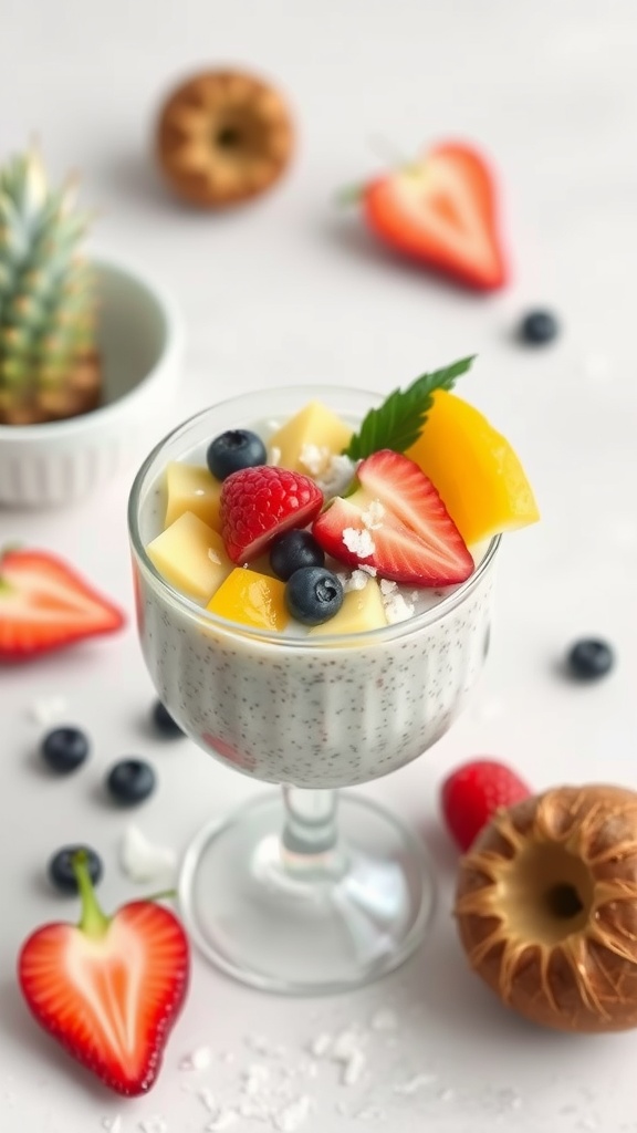 Delicious coconut chia seed pudding topped with fresh fruits