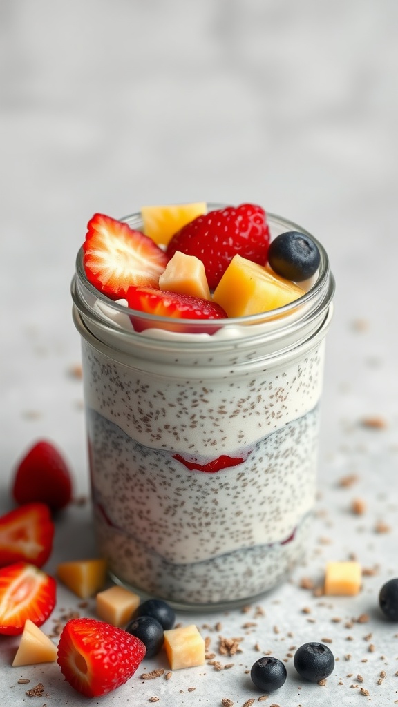A jar of coconut chia seed pudding topped with fresh fruits like strawberries and blueberries.