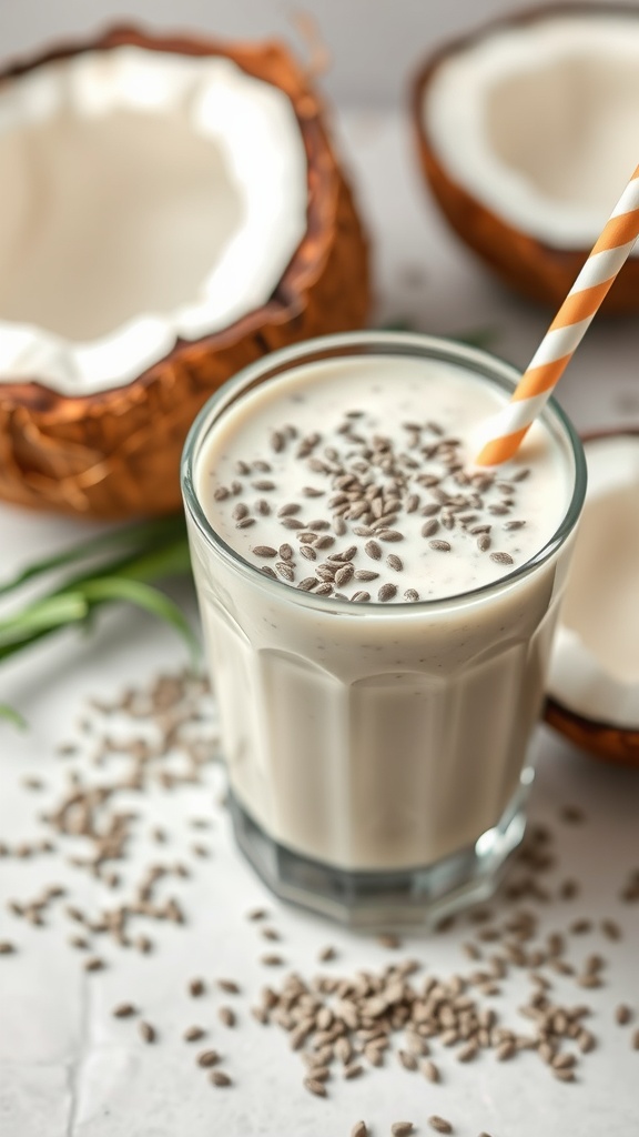 A refreshing coconut chia seed smoothie in a glass, topped with chia seeds, with coconut halves in the background.