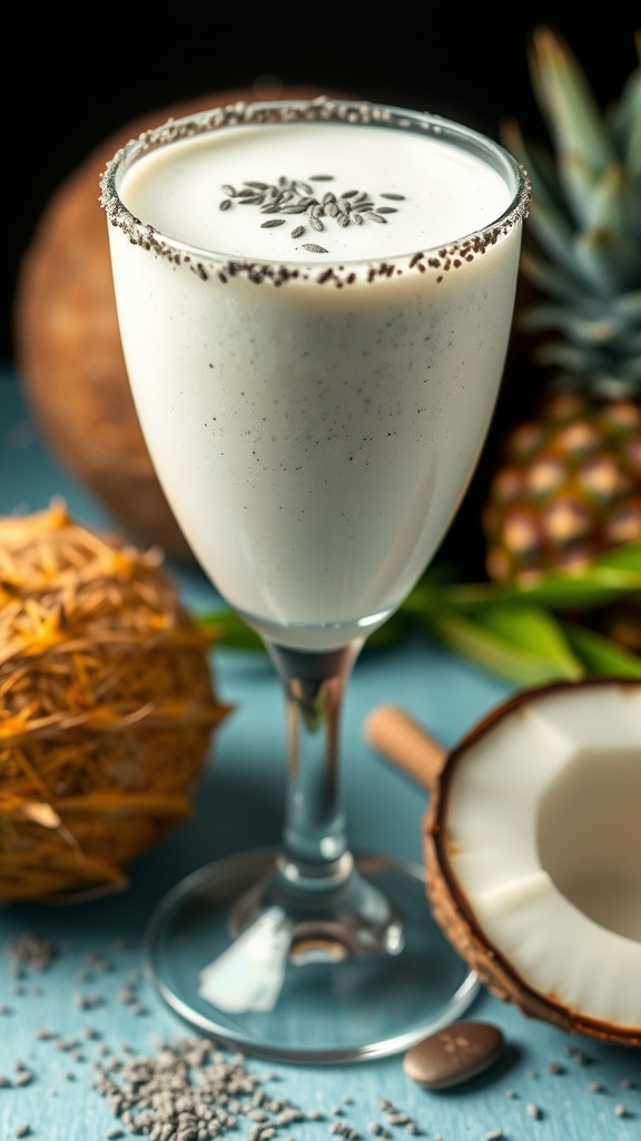 A refreshing coconut chia smoothie served in a tall glass with a sprinkle of chia seeds on top.
