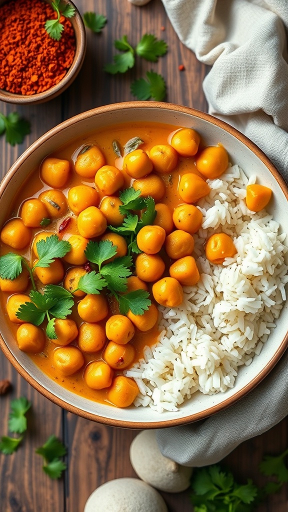 A bowl of coconut curry chickpeas served with rice and garnished with cilantro.