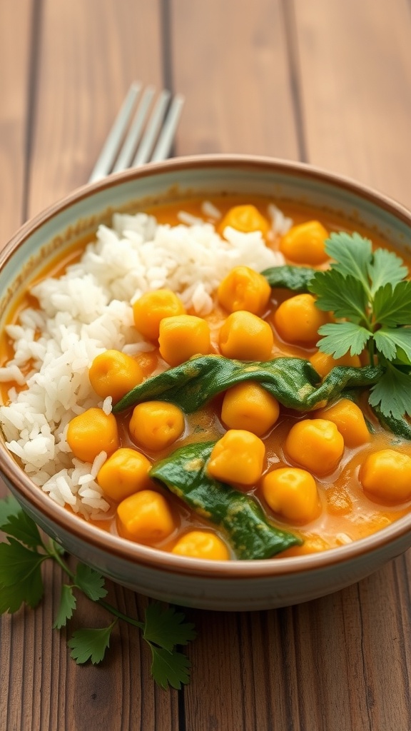 A bowl of Coconut Curry Chickpeas with rice and spinach, garnished with cilantro.