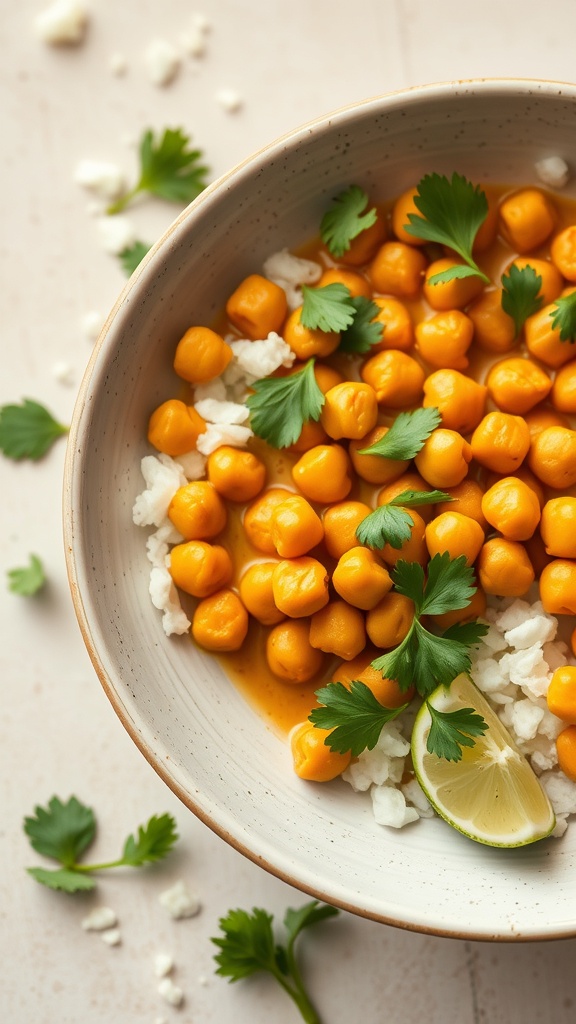 A bowl of coconut curry chickpeas topped with cilantro and served with rice and lime.