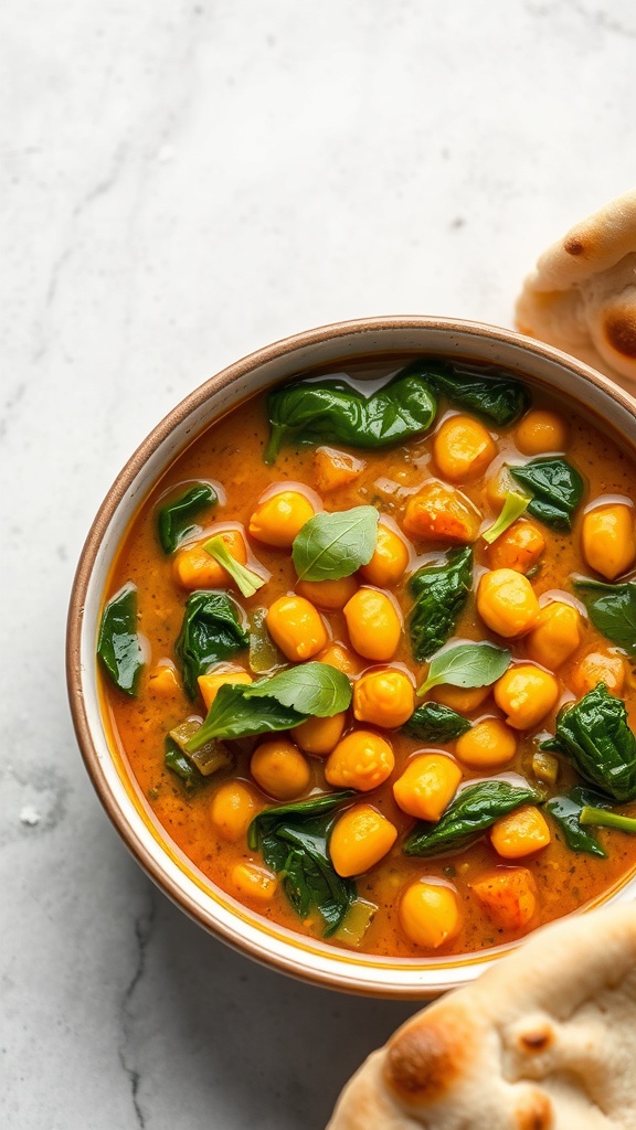 A bowl of coconut curry chickpeas and spinach with naan on the side