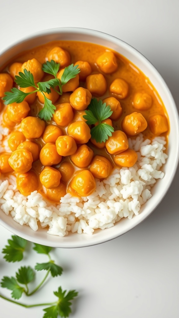 A meal prep container filled with coconut curry chickpeas and rice, garnished with fresh cilantro.