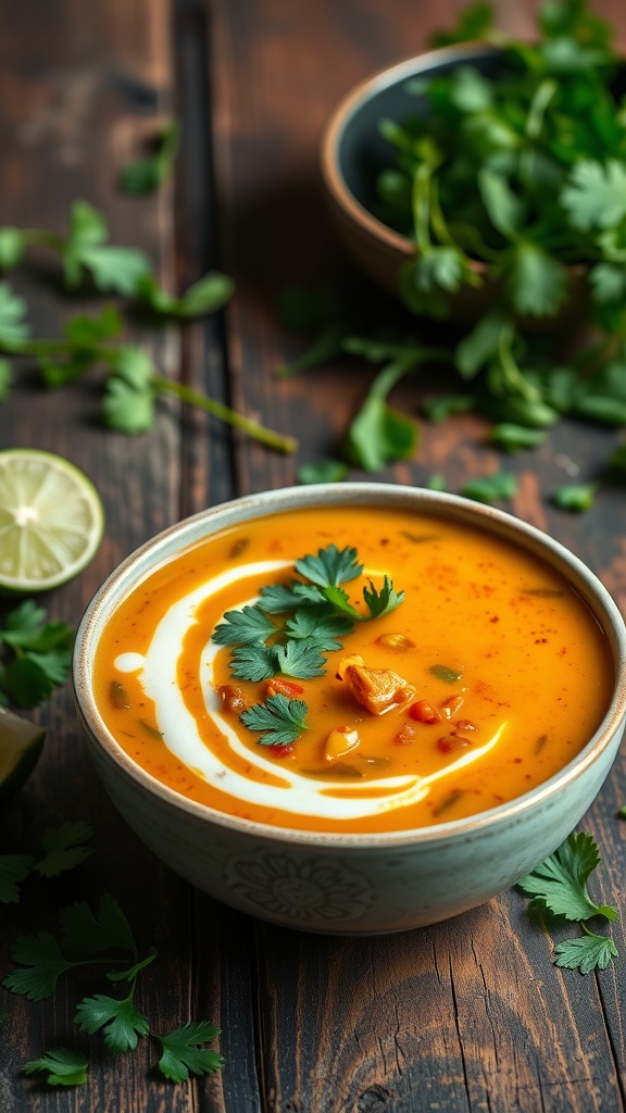 A bowl of coconut curry lentil soup garnished with fresh cilantro and a swirl of coconut cream.