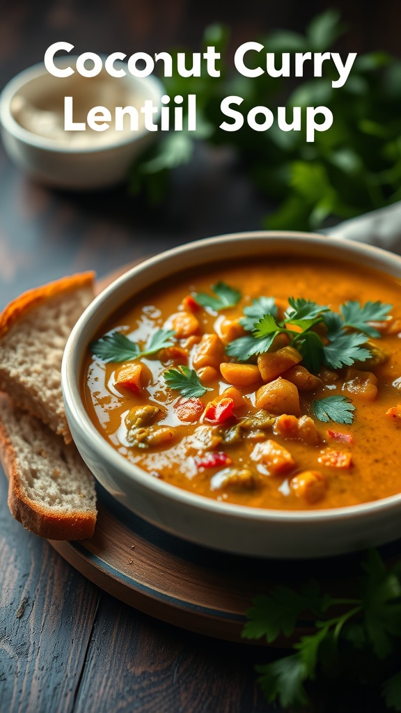 A bowl of Coconut Curry Lentil Soup served with bread on the side
