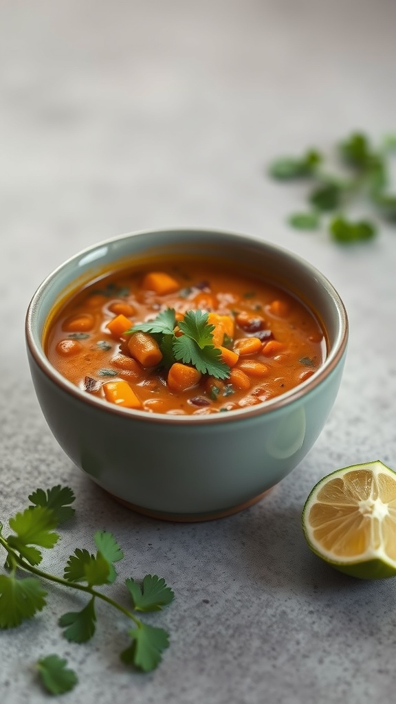 A bowl of Coconut Curry Lentil Soup garnished with cilantro and lime.