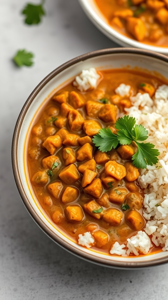 A bowl of coconut curry lentils with rice and cilantro