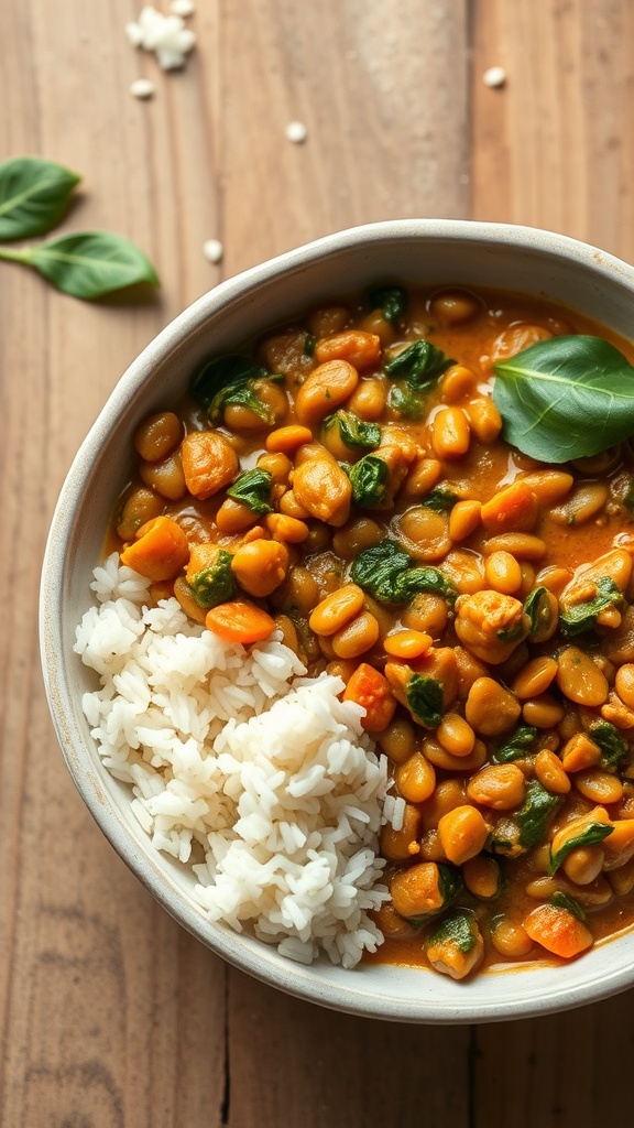 A bowl of coconut curry lentils with spinach and rice on a wooden table.