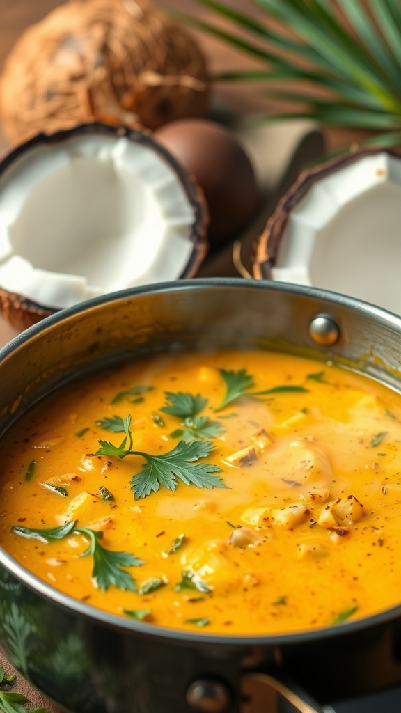 A vibrant coconut curry sauce simmering in a pot, garnished with fresh cilantro.