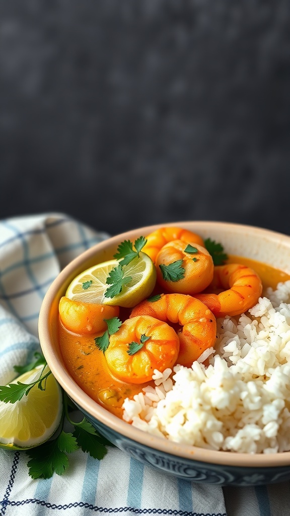A bowl of coconut curry shrimp with rice, garnished with lime and cilantro.