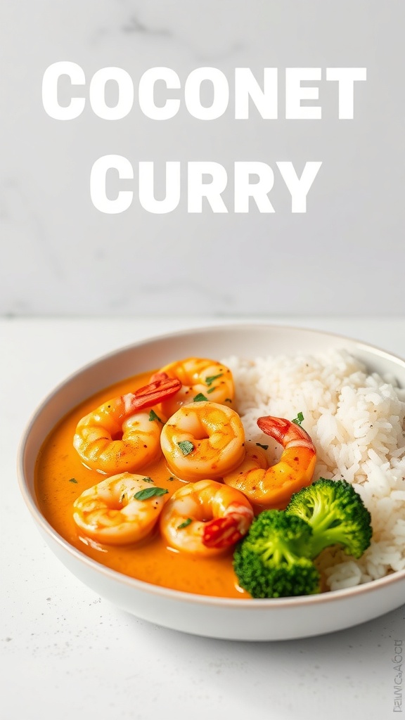 A bowl of coconut curry shrimp with broccoli and rice