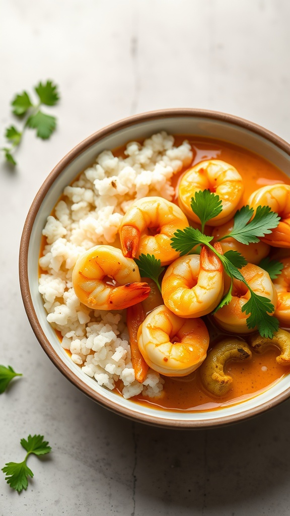 Coconut Curry Shrimp with Cauliflower Rice in a bowl garnished with cilantro