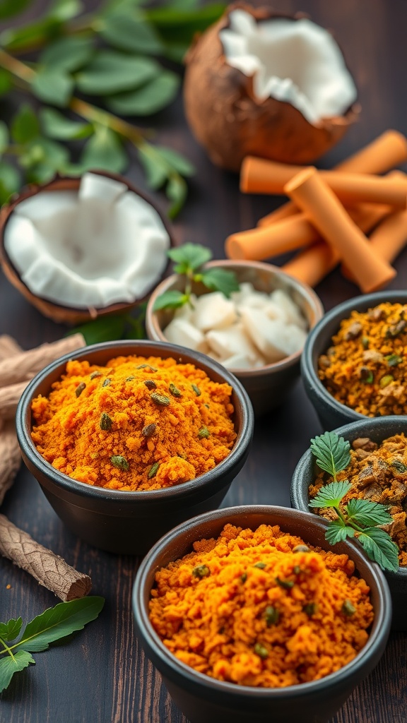 Bowl of colorful coconut curry spice mix with ingredients laid out around it.