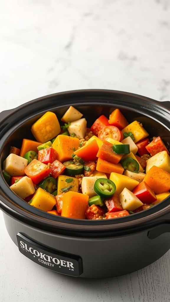 A slow cooker filled with a colorful vegetable medley, including squash, bell peppers, and jalapeños, ready to be cooked.