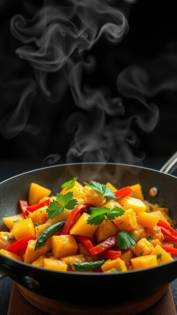 A colorful coconut curry vegetable stir-fry with steam rising from a pan.