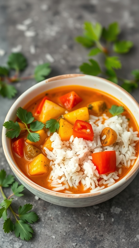 A bowl of coconut curry with vegetables served over rice, garnished with cilantro.