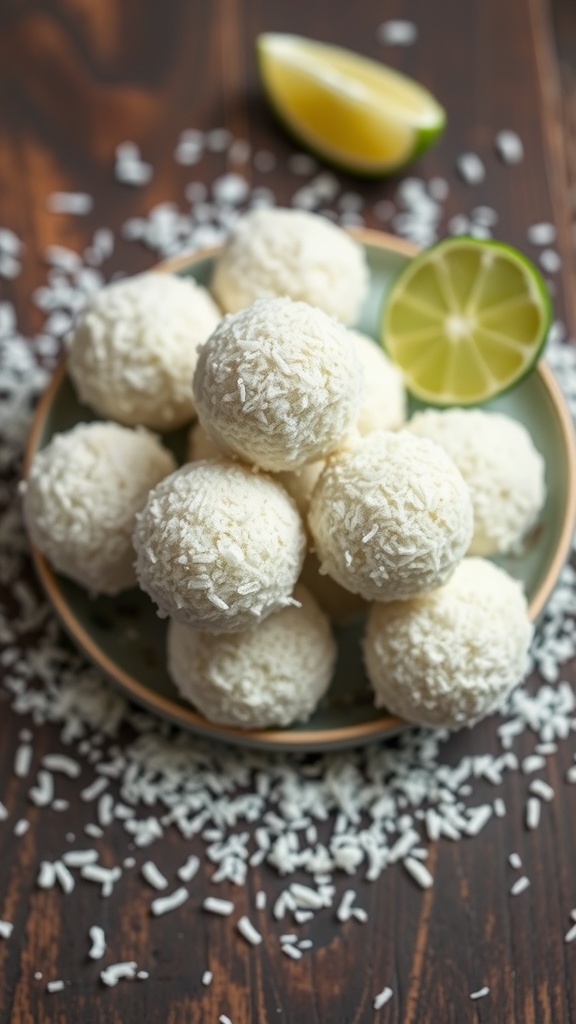A close-up of coconut lime energy bites on a plate, surrounded by coconut flakes and lime slices.