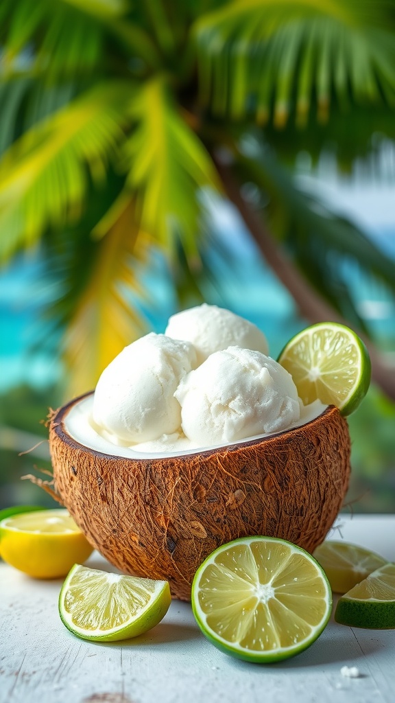 Coconut lime sorbet served in a coconut shell with lime slices