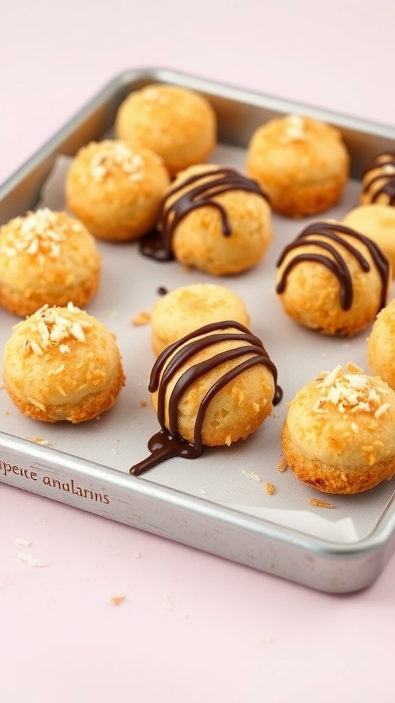 A tray of coconut macaroons topped with chocolate drizzle and toasted coconut.