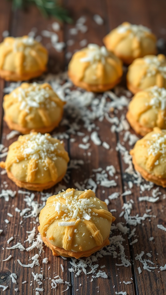 Coconut macaroons arranged on a wooden surface, showcasing their golden color and coconut topping.
