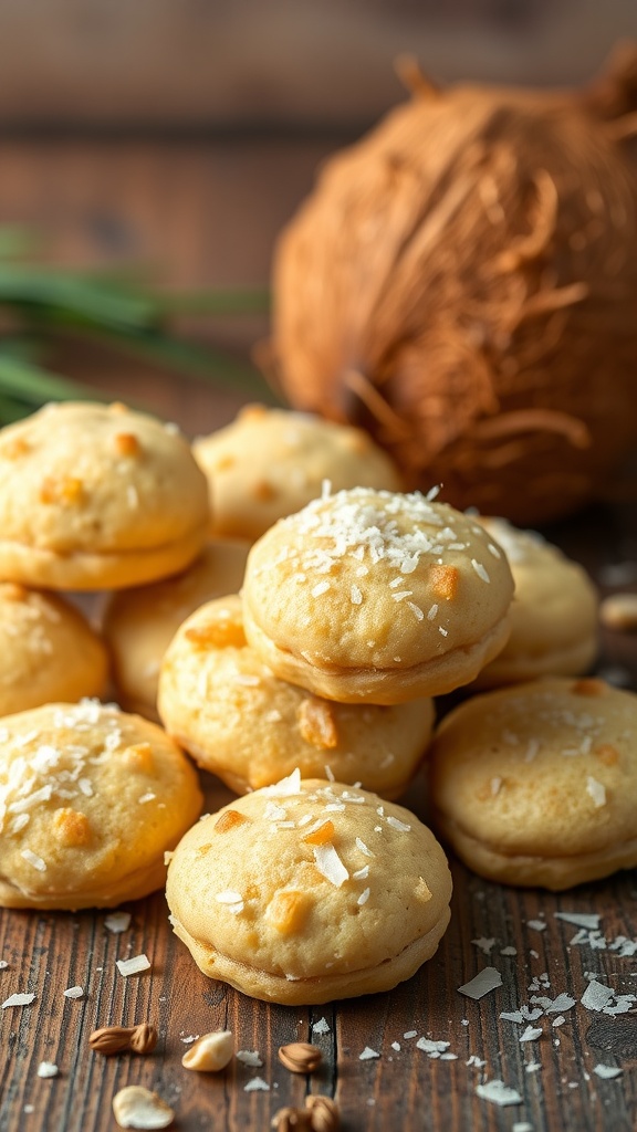 A stack of delicious coconut macaroons on a wooden table