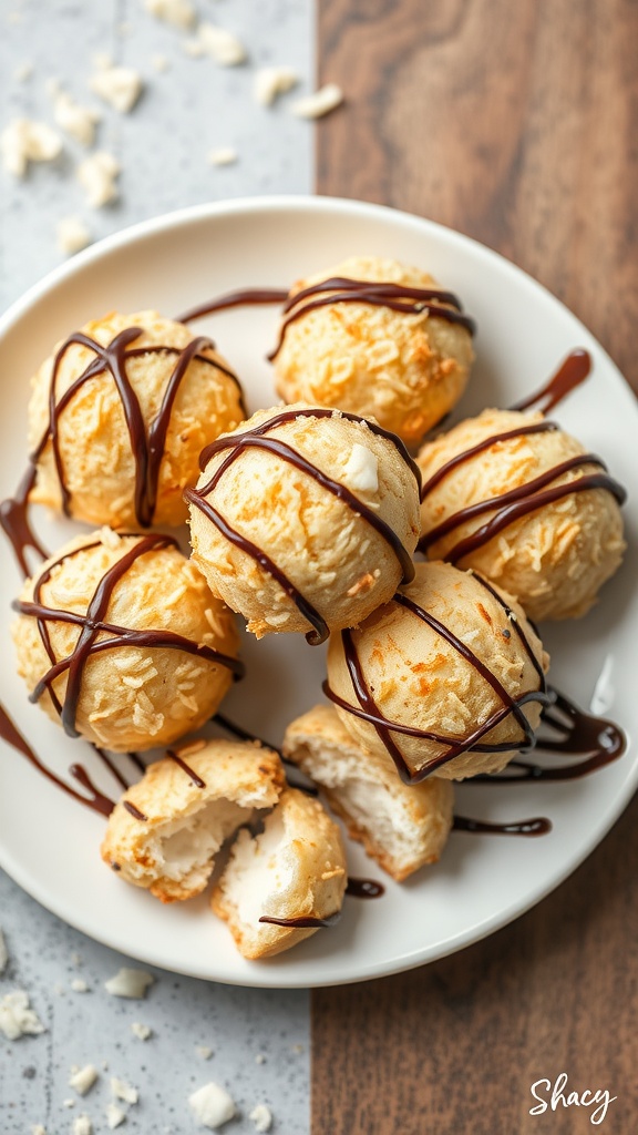 A plate of coconut macaroons drizzled with chocolate.