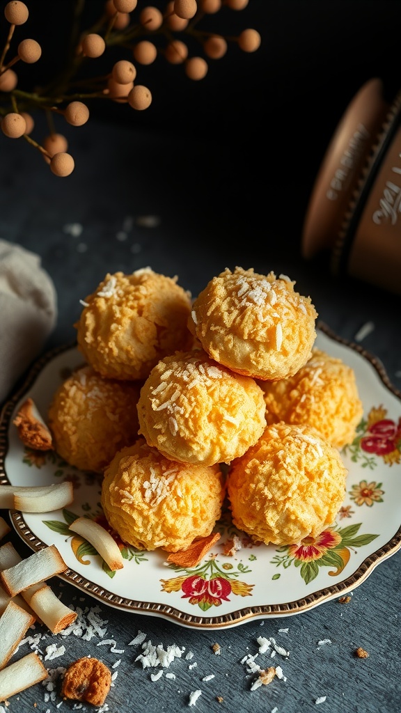 A plate of coconut macaroons stacked high, showcasing their golden color and texture.