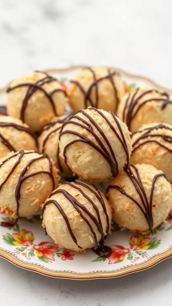 A plate of coconut macaroons drizzled with chocolate