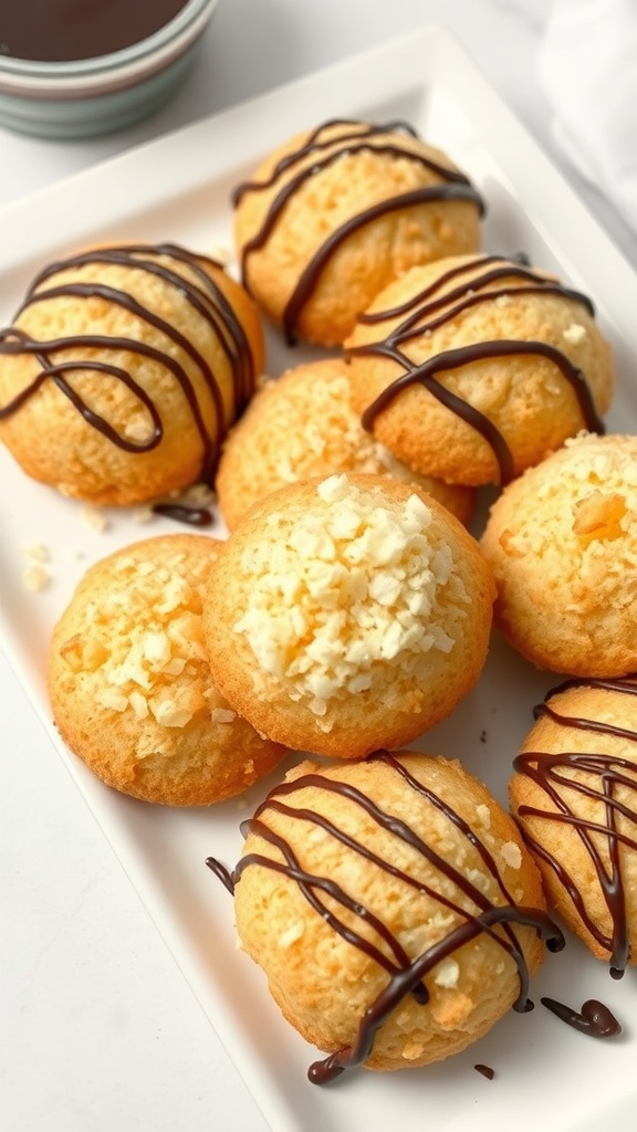 Delicious coconut macaroons drizzled with chocolate.
