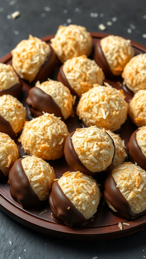 A plate of coconut macaroons with dark chocolate dip, showcasing their chewy texture and sweet glaze.