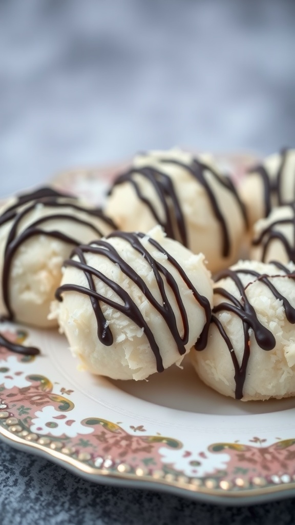 Coconut macaroons with dark chocolate drizzle on a decorative plate.
