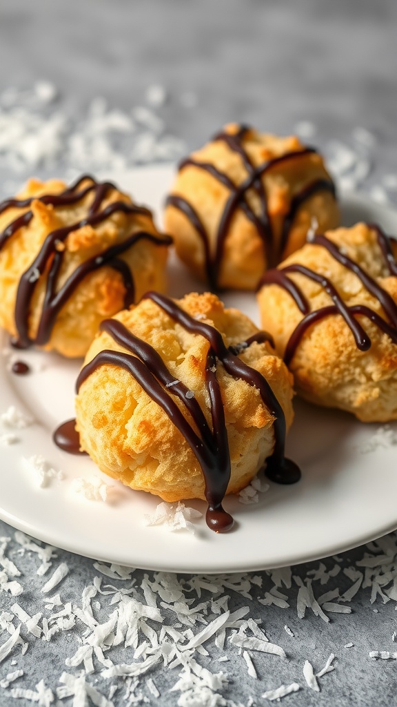 Plate of coconut macaroons drizzled with dark chocolate.