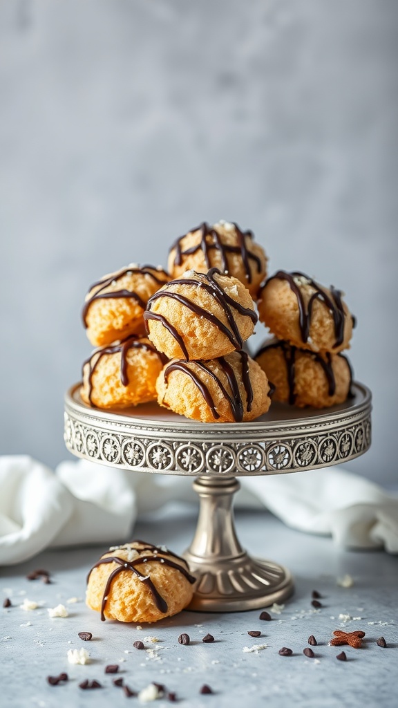 Coconut macaroons drizzled with dark chocolate on a decorative stand.