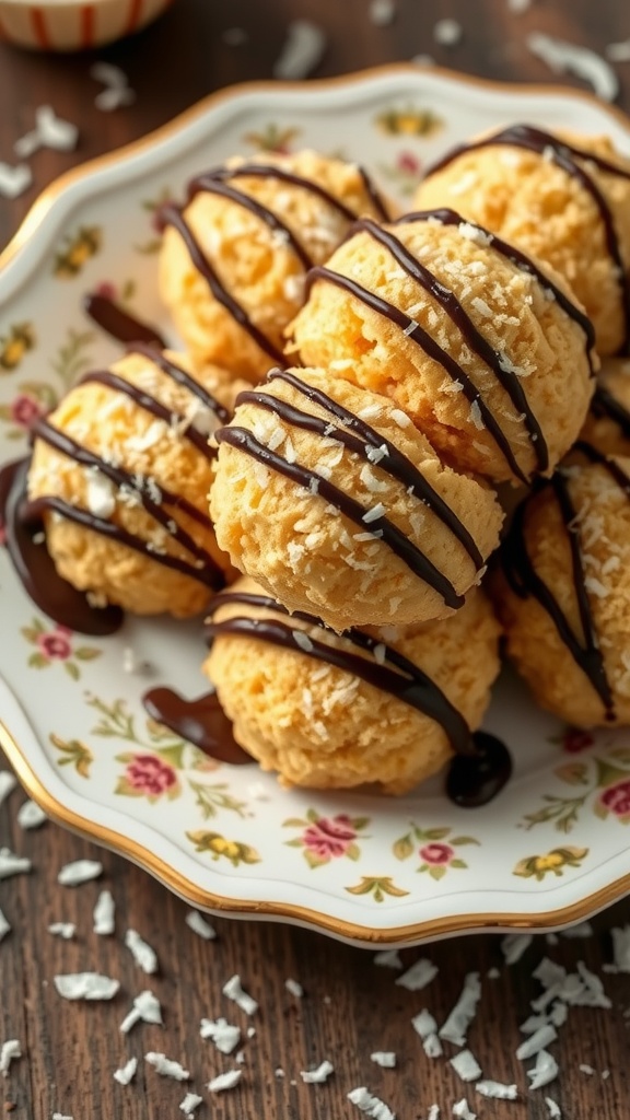 A plate of coconut macaroons drizzled with dark chocolate.