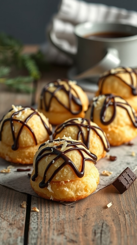 Delicious coconut macaroons drizzled with dark chocolate on a wooden table.