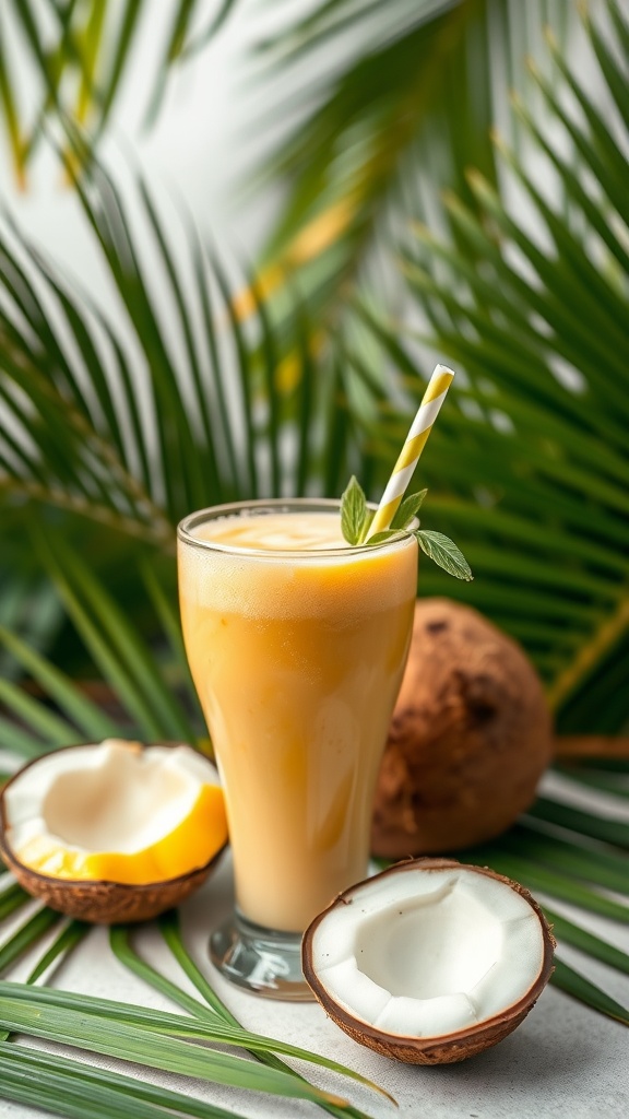 A refreshing Coconut Mango Bliss Smoothie served in a tall glass with a straw, surrounded by coconut shells and tropical leaves.