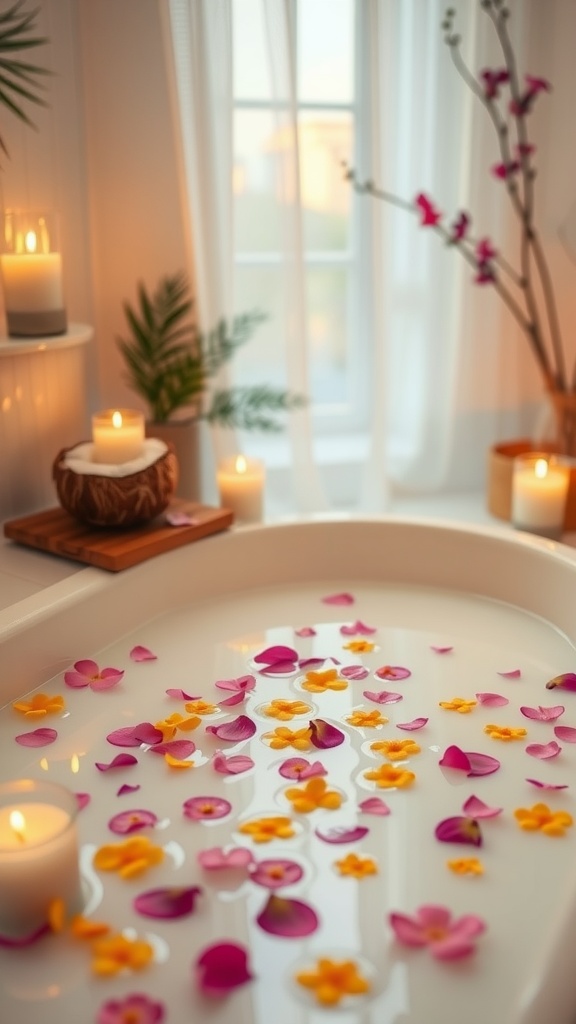 A soothing bath with coconut milk, honey, and flower petals, perfect for skincare.