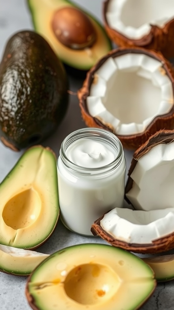A jar of creamy coconut oil and avocado moisturizer surrounded by fresh avocados and coconut halves.