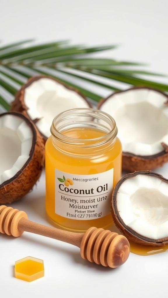 A jar of coconut oil with honey, surrounded by coconut halves and a honey dipper.