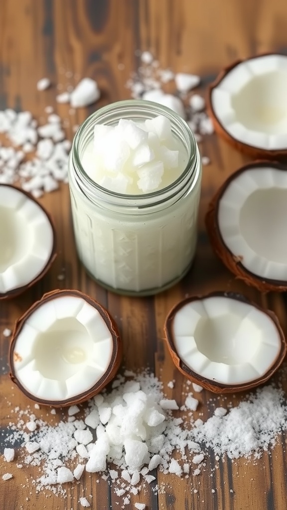 Coconut oil and sugar body scrub in a jar with coconut shells and sugar scattered around