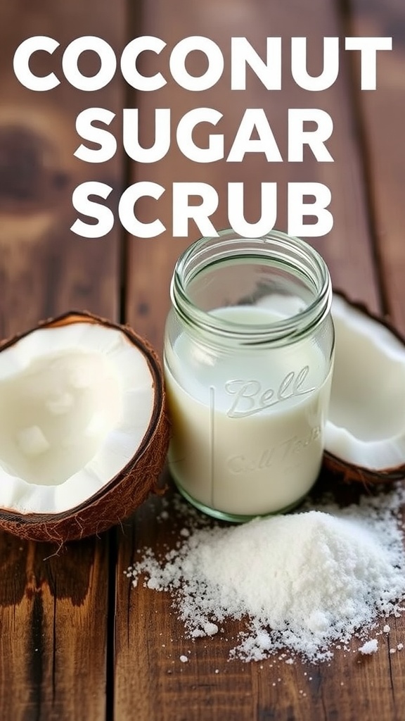 Coconut oil and sugar scrub ingredients with coconut halves and sugar on wooden surface