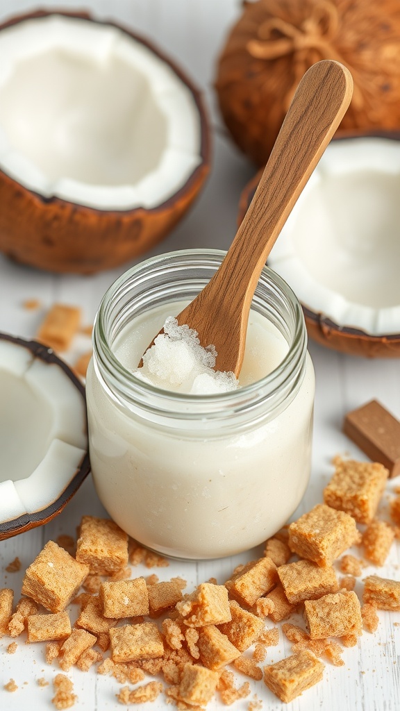 A jar of coconut oil and sugar scrub with a wooden spoon, surrounded by coconut shells and brown sugar.