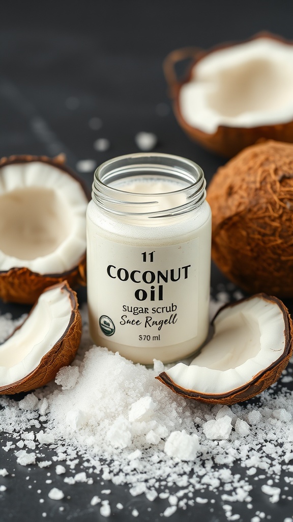 Coconut oil sugar scrub in a jar, surrounded by coconut halves and sugar crystals