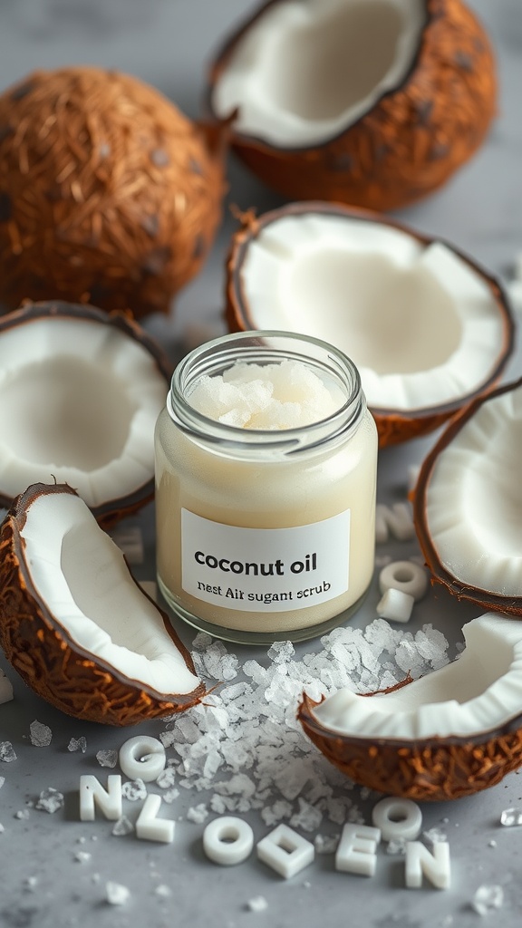 A jar of coconut oil scrub surrounded by coconut shells and sugar, illustrating a DIY skincare recipe.