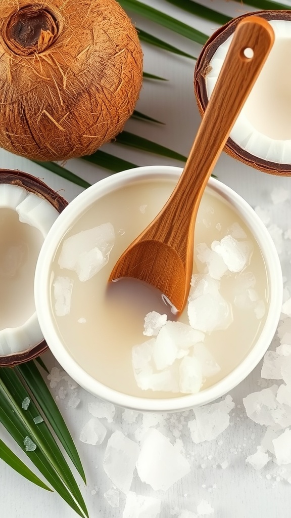 A bowl of coconut oil and sugar scrub with a wooden spoon, surrounded by coconut shells and palm leaves.