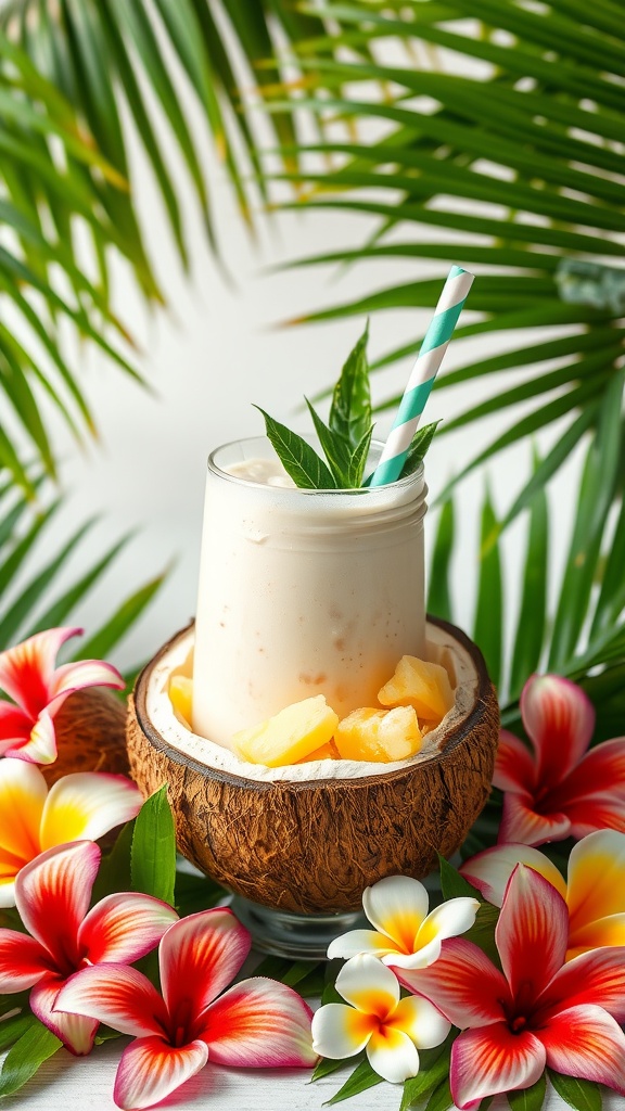 Refreshing coconut water and pineapple smoothie in a coconut shell